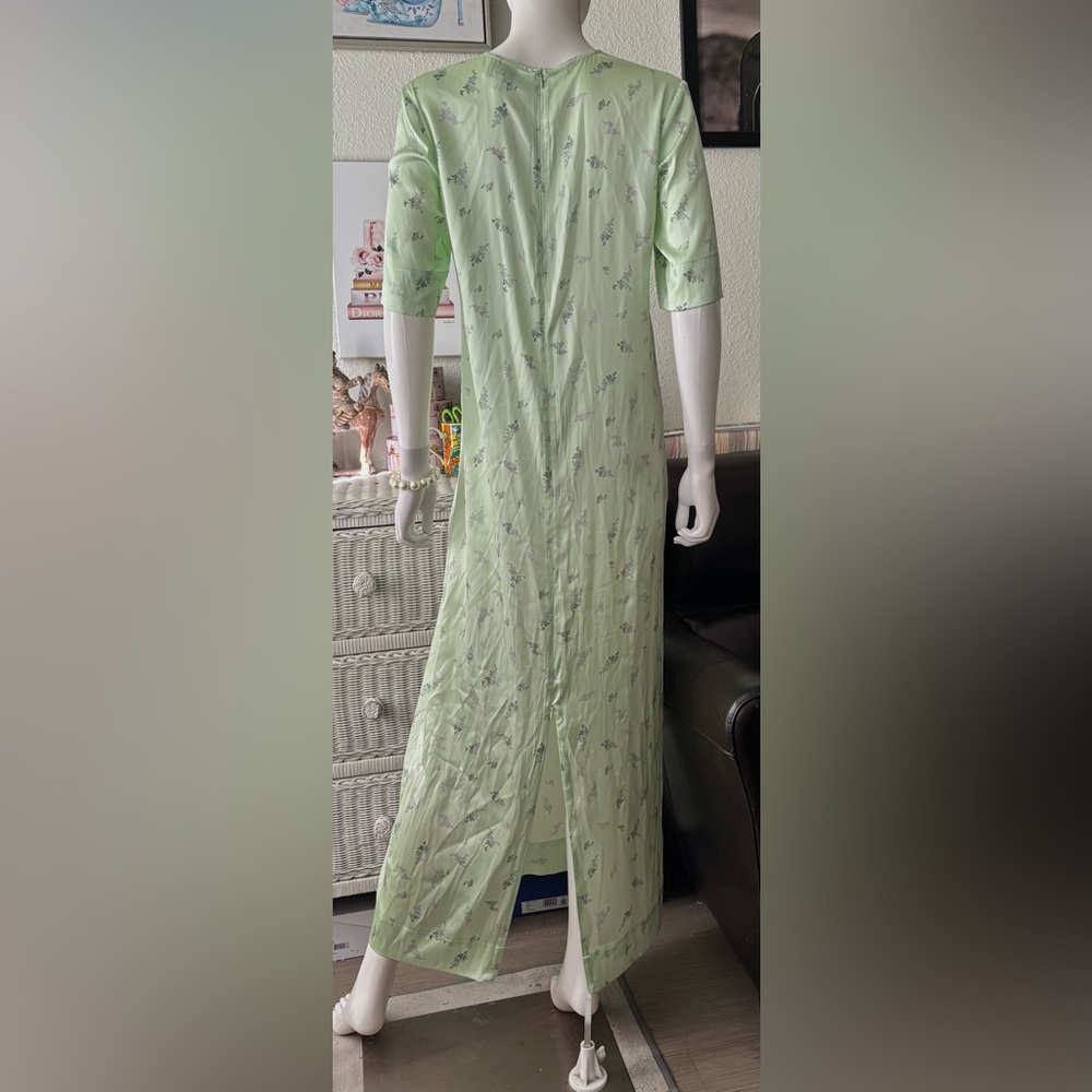 GANNI Mint Green Silk Floral Maxi T Shirt Dress Adjustable Leg Slit Zipper Sz. 6 - Picture 7 of 12